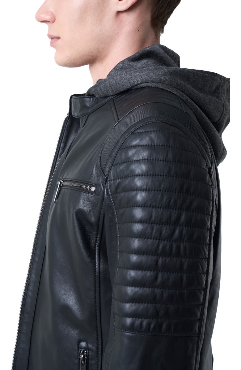Velez Belmont Leather Jacket for Men with Hood and Chestpiece, Alternate, color, Black