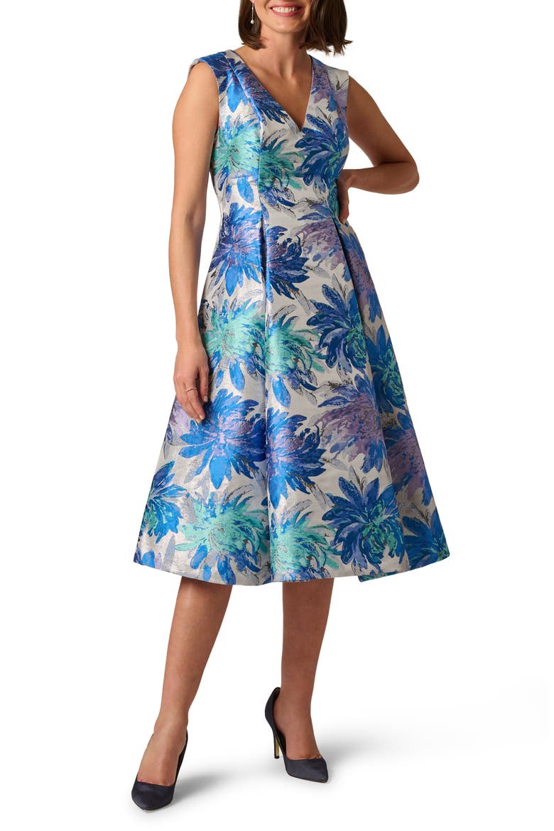 Metallic Jacquard Sleeveless Midi Dress, Main, color, BLUE MULTI
