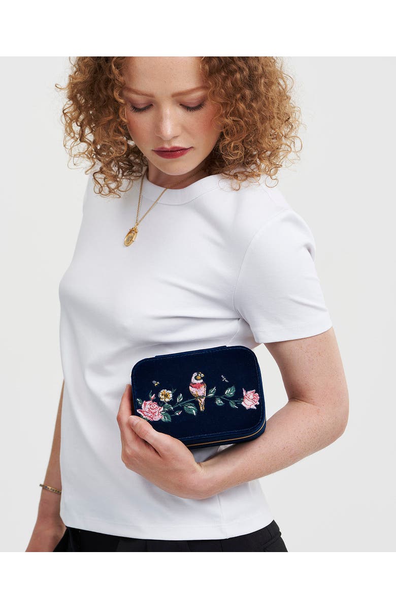 Fable England Rosy Posy Embroidered Blue Large Jewellery Box, Alternate, color, Navy