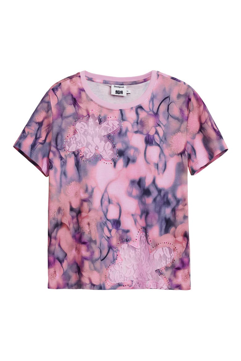 Floral Embellished Lace Inset Cotton T-Shirt, Alternate, color, PINK