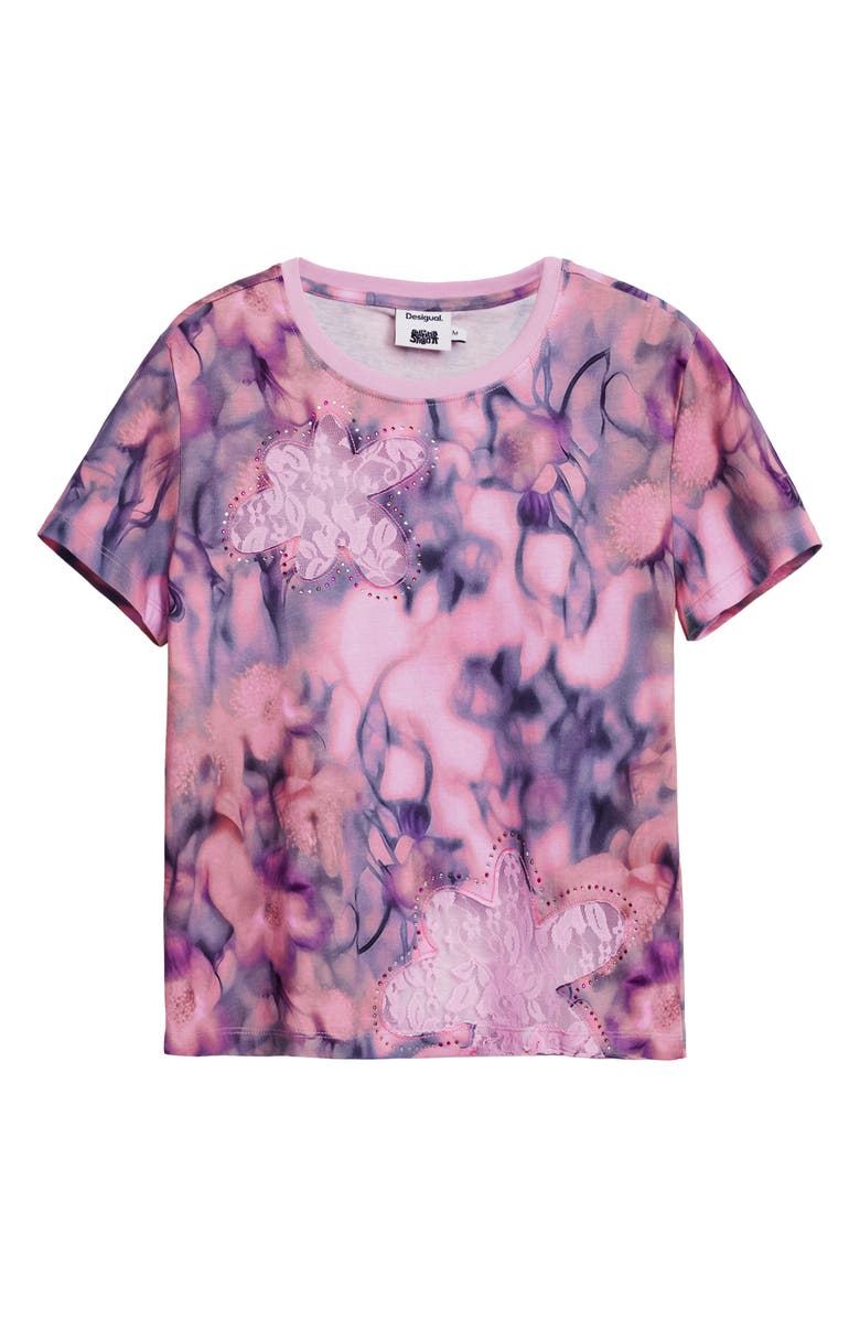 Desigual Floral Embellished Lace Inset Cotton T-Shirt, Alternate, color, Pink