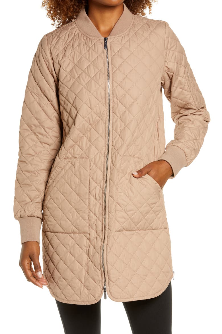 Longline Water Resistant Quilted Bomber Jacket, Alternate, color, TAN NATURAL