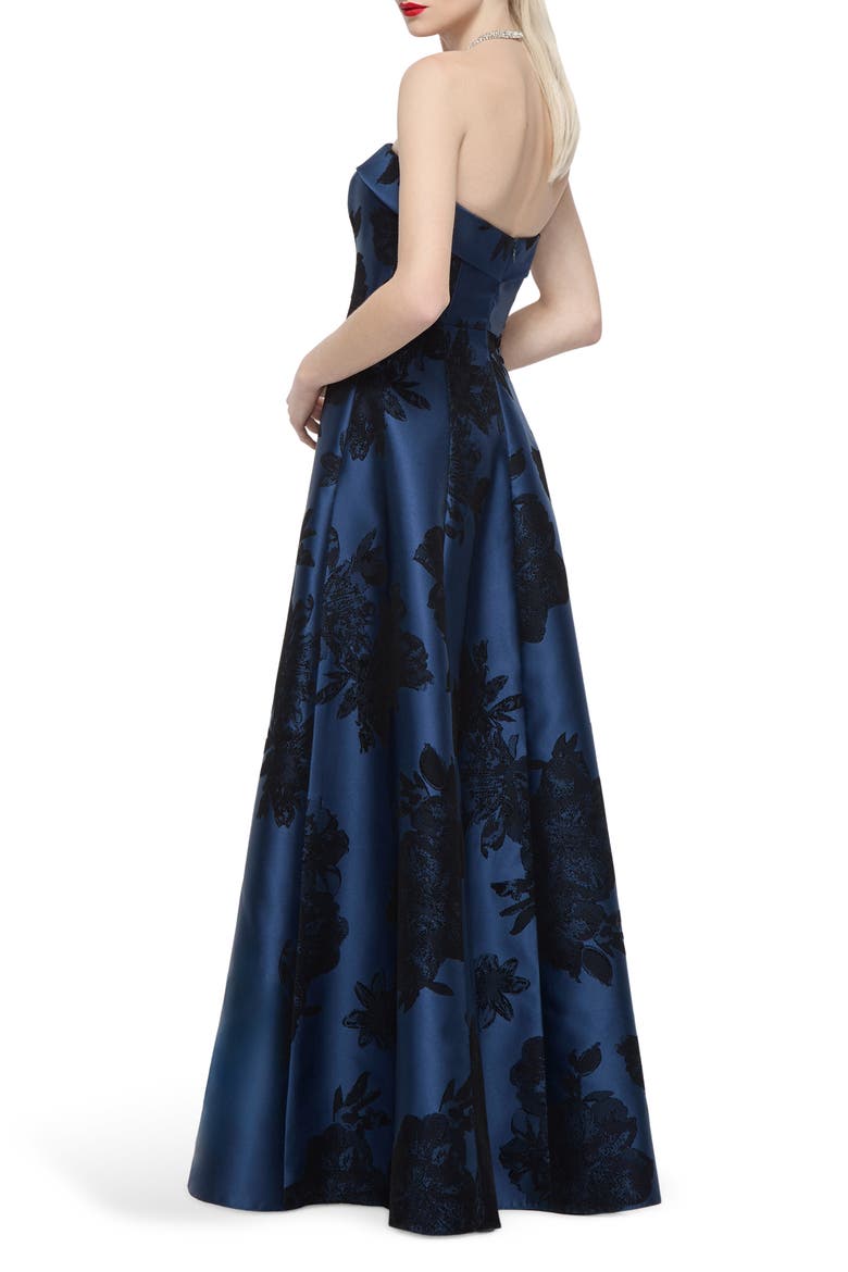 Sara Floral Lace Strapless Satin Gown, Alternate, color, SOFT NAVY/ BLACK