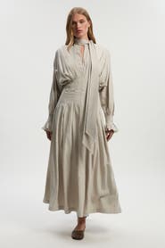 Karen Millen Pleated Neck Tie Detail Woven Maxi Dress