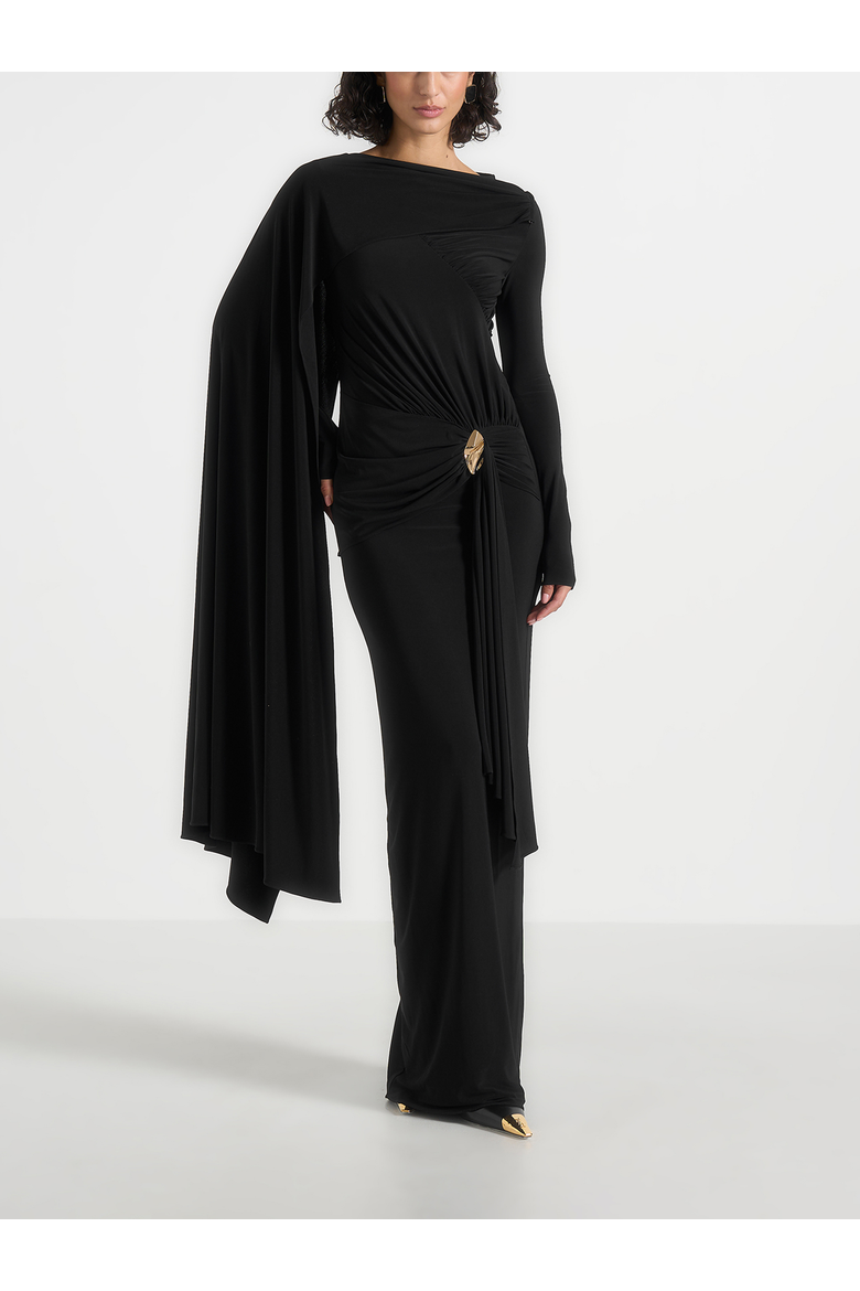 Edena Asymmetric Ruched Draped Maxi Dress, Main, color, Black