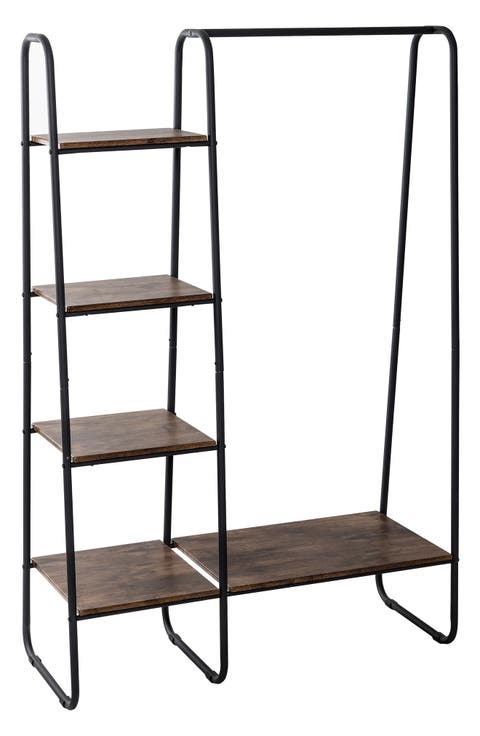 Freestanding Metal Clothing Rack with Wood Shelves