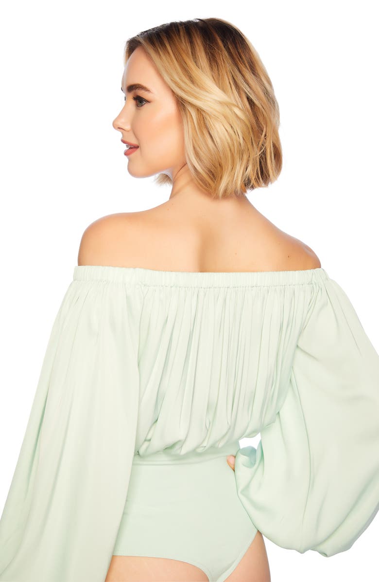 Susana Monaco Off the Shoulder Matte Satin Blouson Bodysuit, Alternate, color, Mint Chip