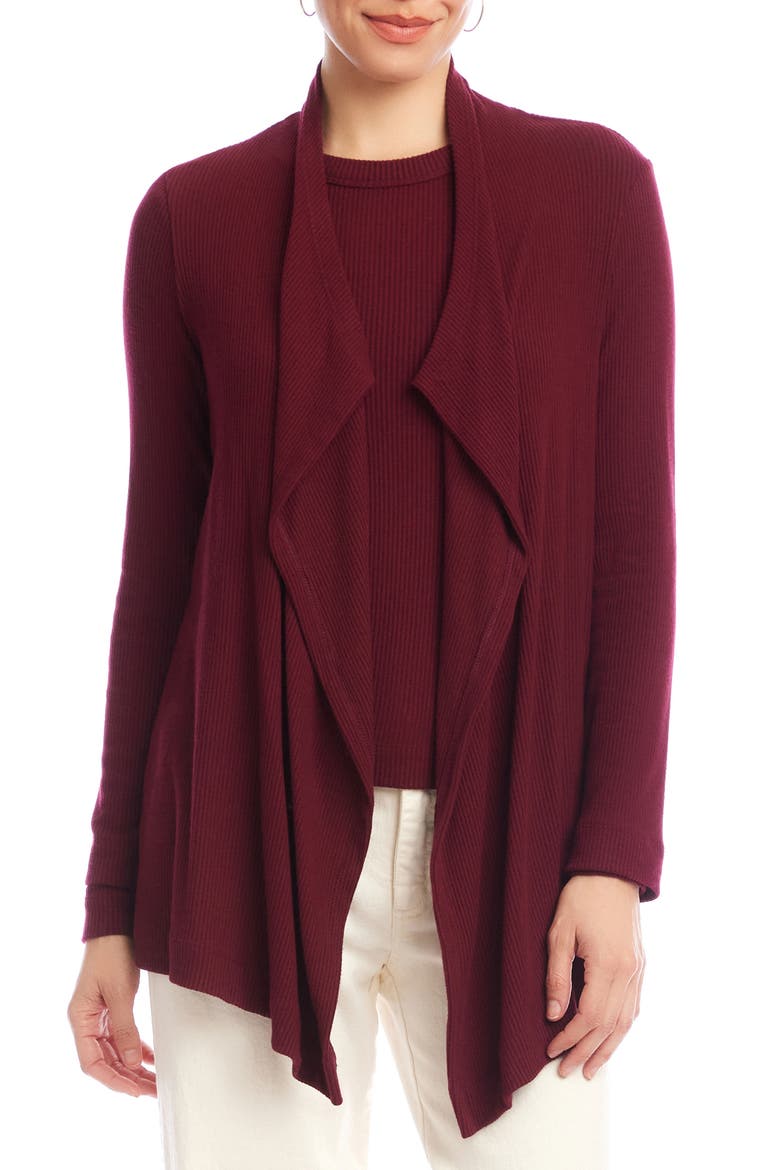 Rib Draped Open Front Cardigan, Main, color, WINE