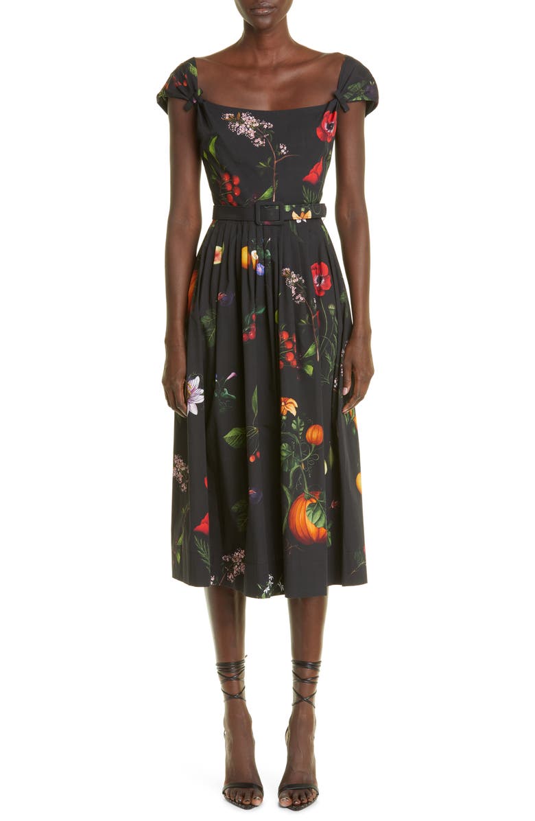 Oscar de la Renta Belted Garden Print Cap Sleeve Stretch Cotton Poplin Midi Dress, Main, color, 