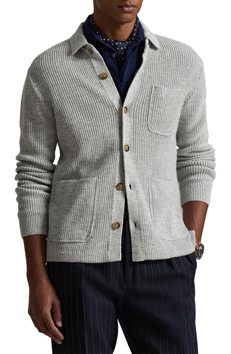 Polo Ralph Lauren Ribbed Full Button Cotton Cardigan, Main, color, Grey Combo