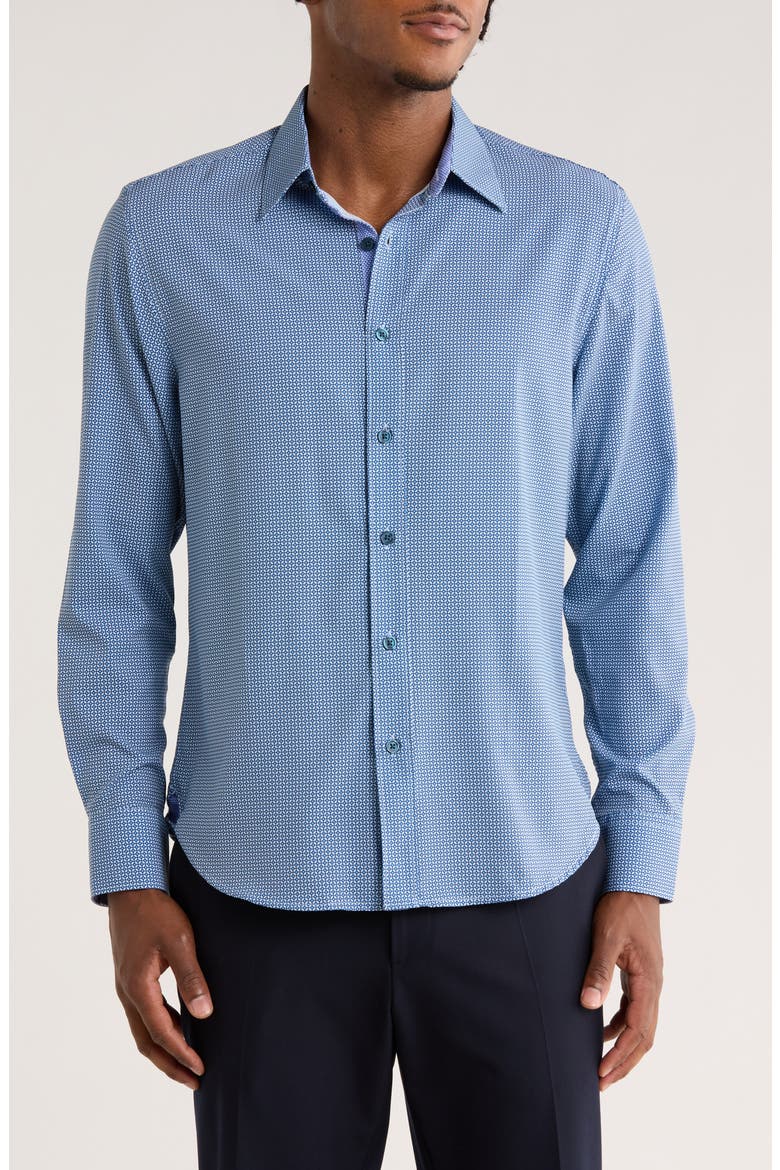 Slim Fit Geo Print Stretch Button-Up Shirt, Main, color, WHITE/ BLUE