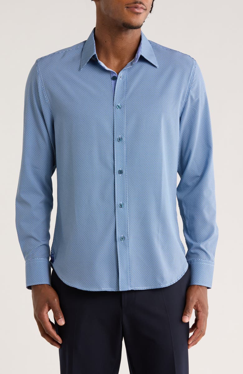 CONSTRUCT Slim Fit Geo Print Stretch Button-Up Shirt, Main, color, White/ Blue