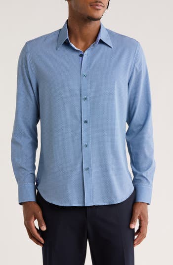 Construct Slim Fit Geo Print Stretch Button-up Shirt In Blue