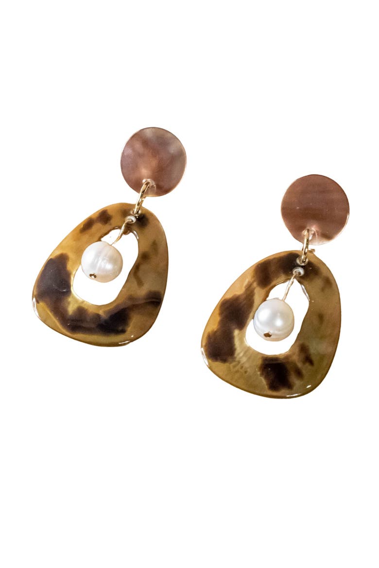 Mother-of-Pearl Hollow Earrings with Inner Pearl, Main, color, Brown