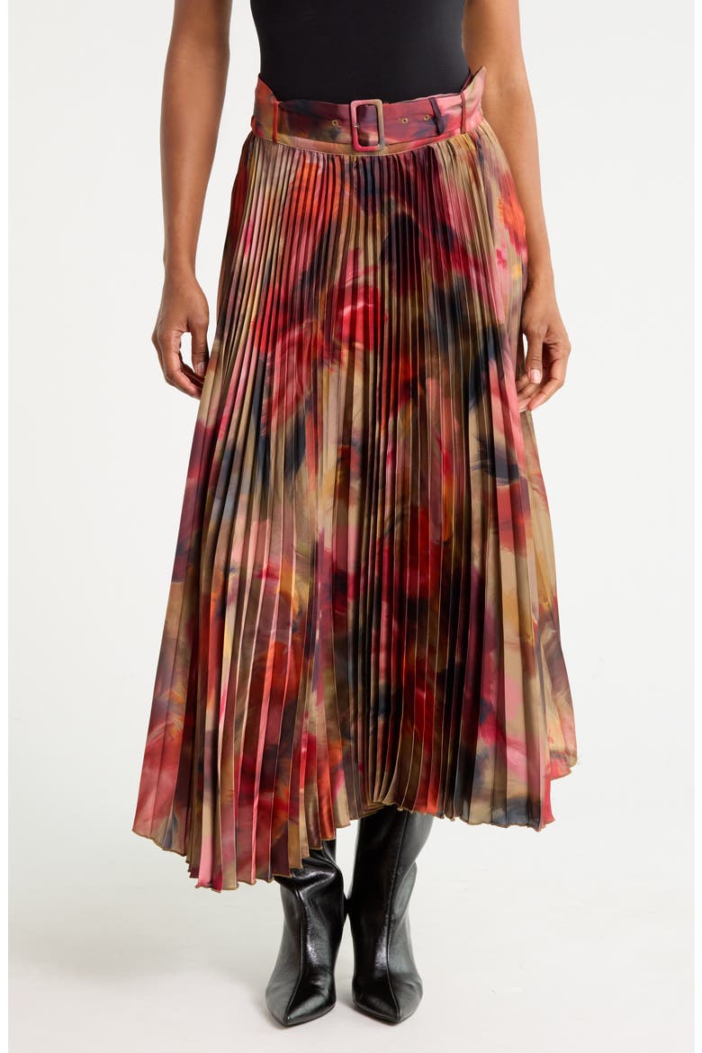 Belted Pleated Midi Skirt, Main, color, AUTUMN HAZE PRINT