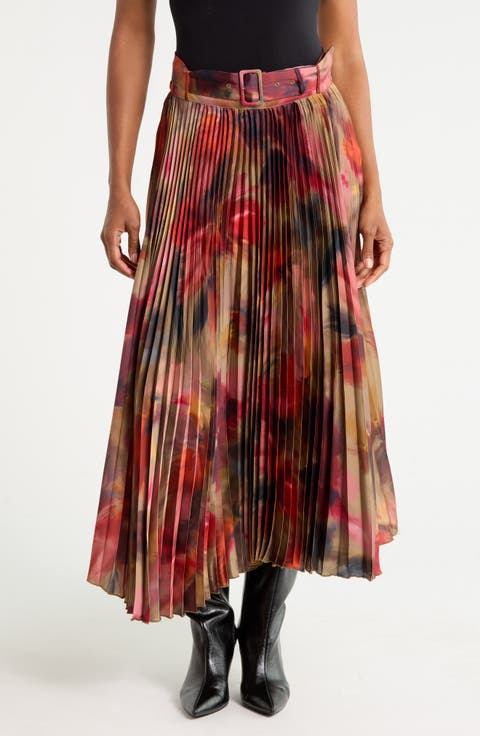 Belted Pleated Midi Skirt