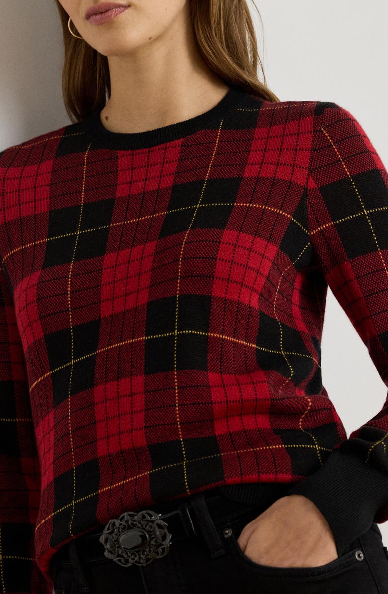 Lauren Ralph Lauren Plaid Crewneck Cotton Blend Sweater, Alternate, color, Black/ Red Multi