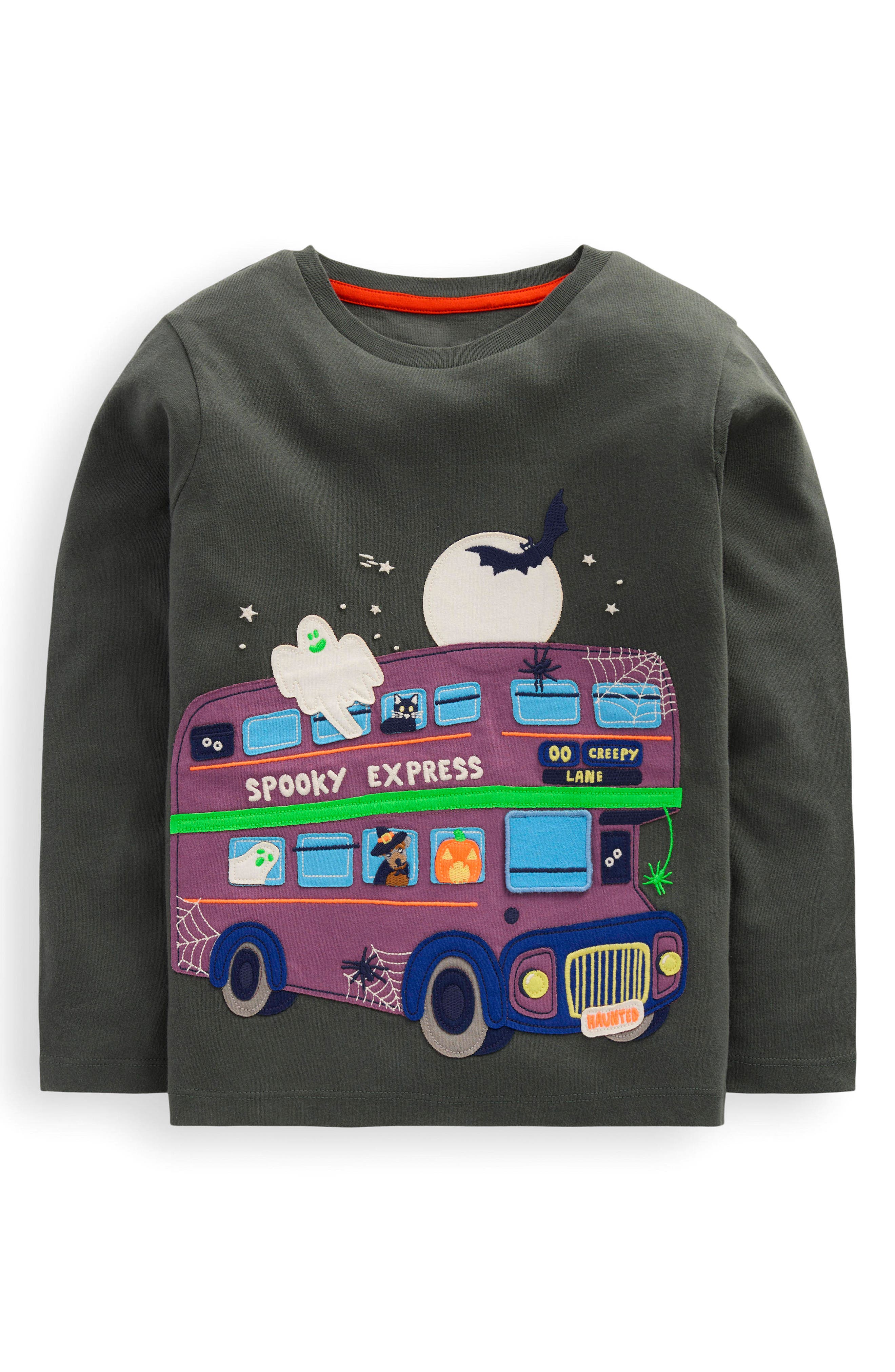 Mini Boden Kids' Halloween Appliqué Lift the Flap Long Sleeve Cotton Graphic T-Shirt