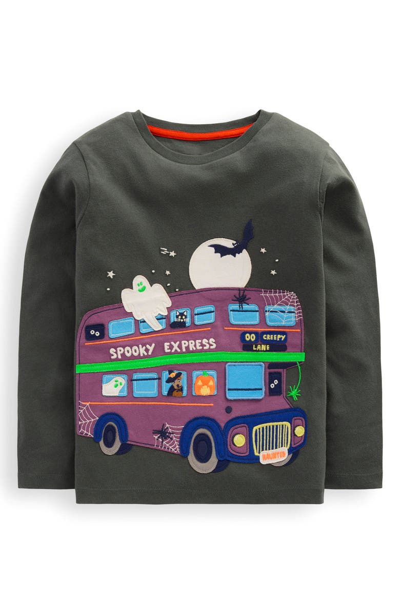 Mini Boden Kids' Halloween Appliqué Lift the Flap Long Sleeve Cotton Graphic T-Shirt, Main, color, Twilight Halloween Bus