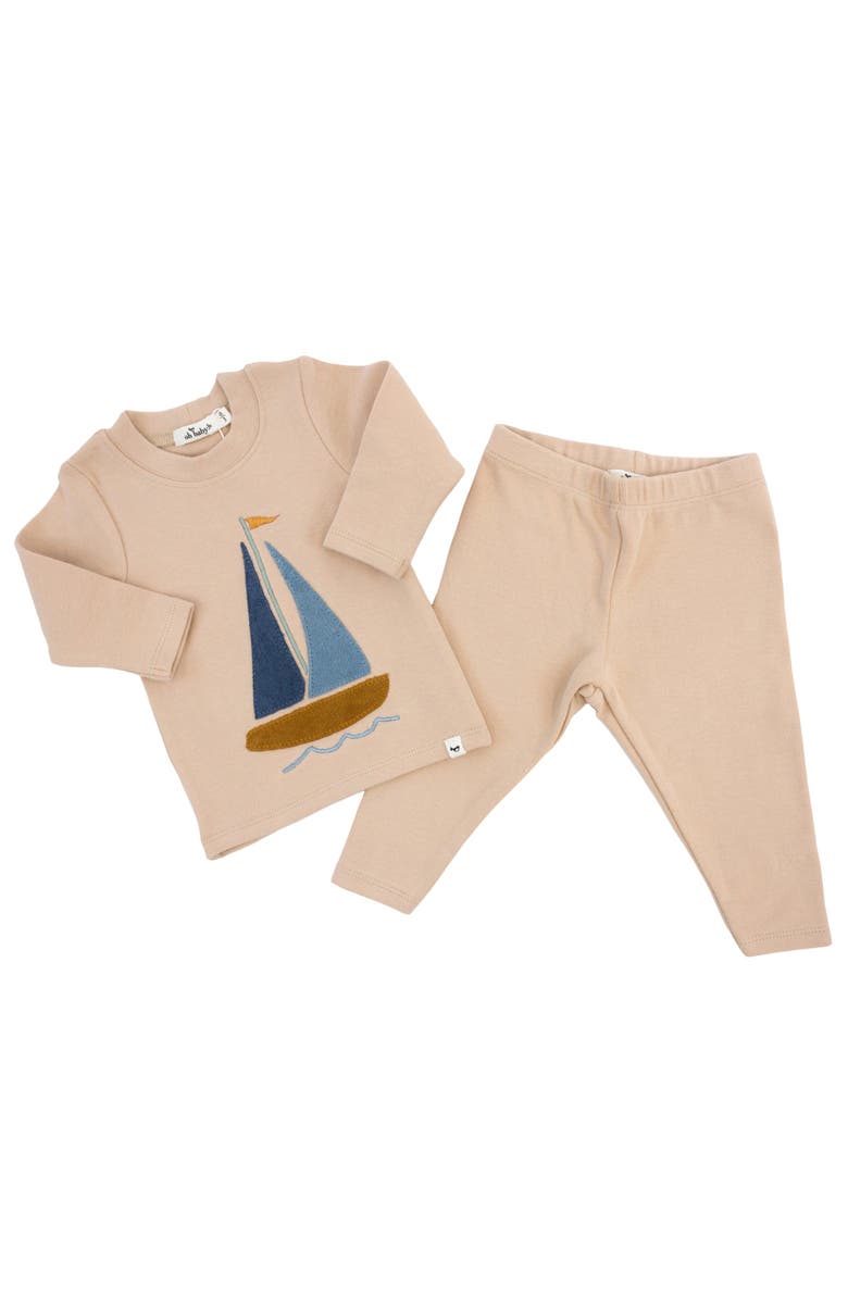 oh baby! Denim Sailboat Terry Applique Two Piece Set, Alternate, color, Almond