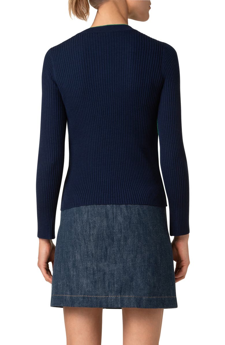 Akris punto Contrast Trim Virgin Merino Wool Rib Cardigan, Alternate, color, Navy-Sea Green
