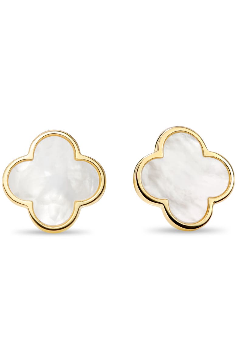 DEVATA Mother of Pearl Clover Stud Earrings in 14K Gold, 14mm, Main, color, Yellow Gold