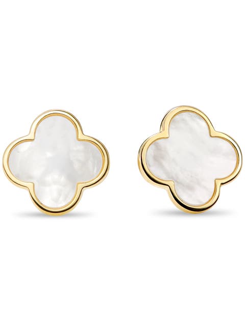 Mother of Pearl Clover Stud Earrings in 14K Gold, 14mm