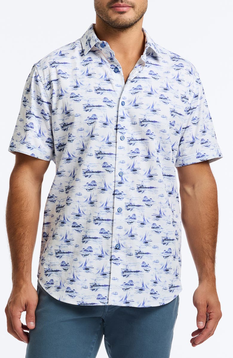 Robert Graham Alboran Sailboat Print Short Sleeve Cotton Button-Up Shirt, Main, color, Blue