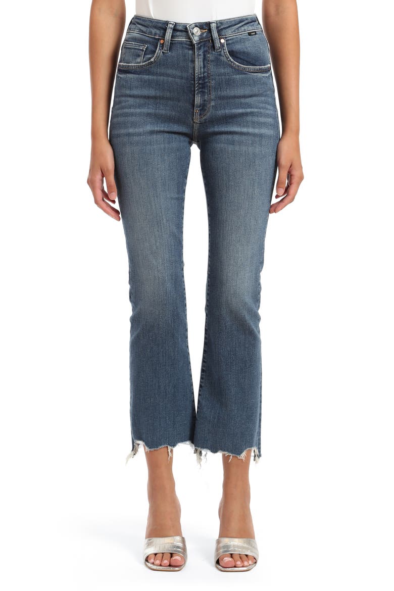 Anika High Waist Fray Hem Crop Flare Jeans, Main, color, MID FLEX BLUE