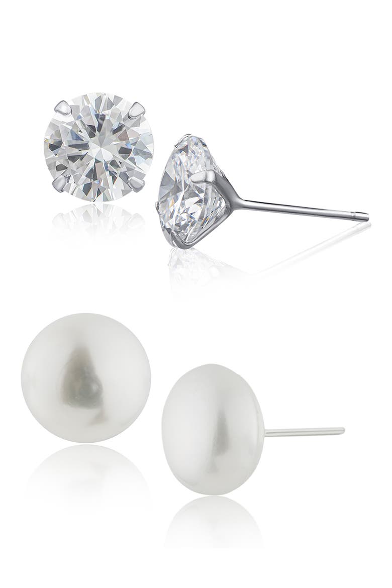 Set of 2 Cultured Pearl & Cubic Zirconia Stud Earrings (Nordstrom Exclusive), Main, color, WHITE/ CLEAR SILVER