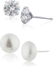 JARDIN Set of 2 Cultured Pearl & Cubic Zirconia Stud Earrings