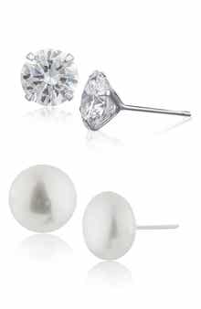 JARDIN Set of 2 Cultured Pearl & Cubic Zirconia Stud Earrings
