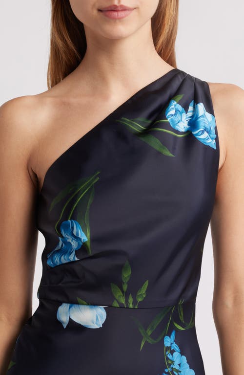 Sachin & Babi Delphine Floral One-shoulder Satin Crepe Gown In Night Sky Blue Oculata