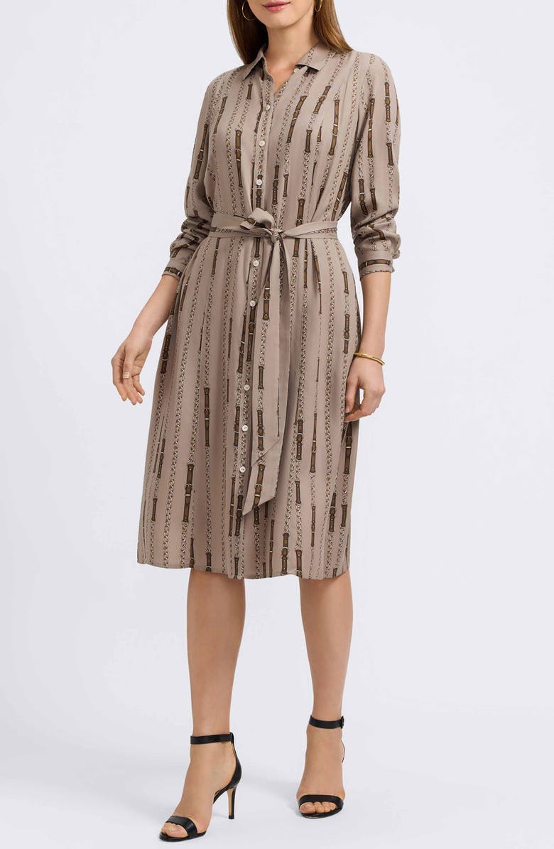 Foxcroft Fiona Chain Stripe Belted Shirtdress, Main, color, Brown Multi