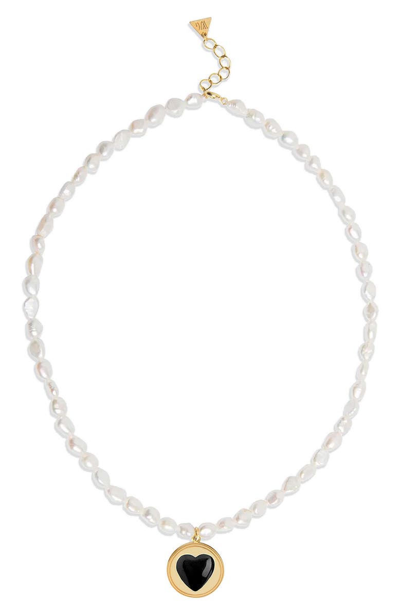 Wilhelmina Garcia Black Enamel Heart Pendant & Freshwater Pearl Dating Necklace, Main, color, 