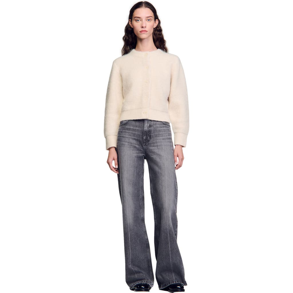 SANDRO Cropped fluffy knit cardigan in Ecru