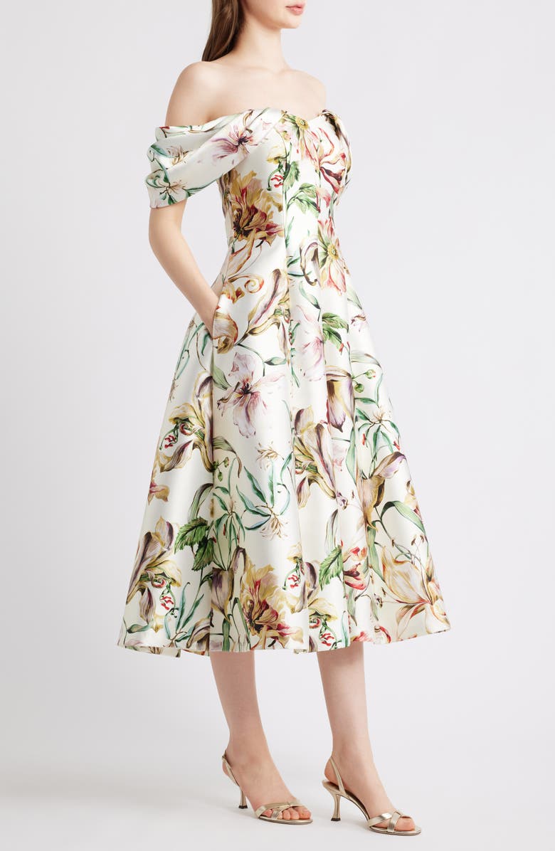 Eliza J Off-th-Shoulder Floral Midi Dress, Alternate, color, Ivory Mult