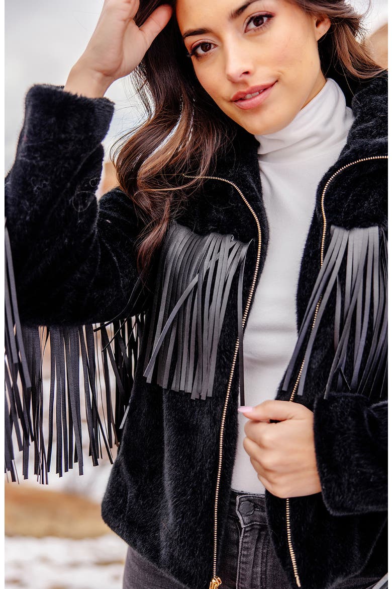 Farrah Faux Leather Fringe Faux Fur Jacket, Alternate, color, BLACK