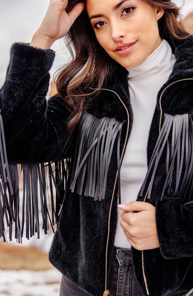 DONNA SALYERS FABULOUS FURS Farrah Faux Leather Fringe Faux Fur Jacket, Alternate, color,