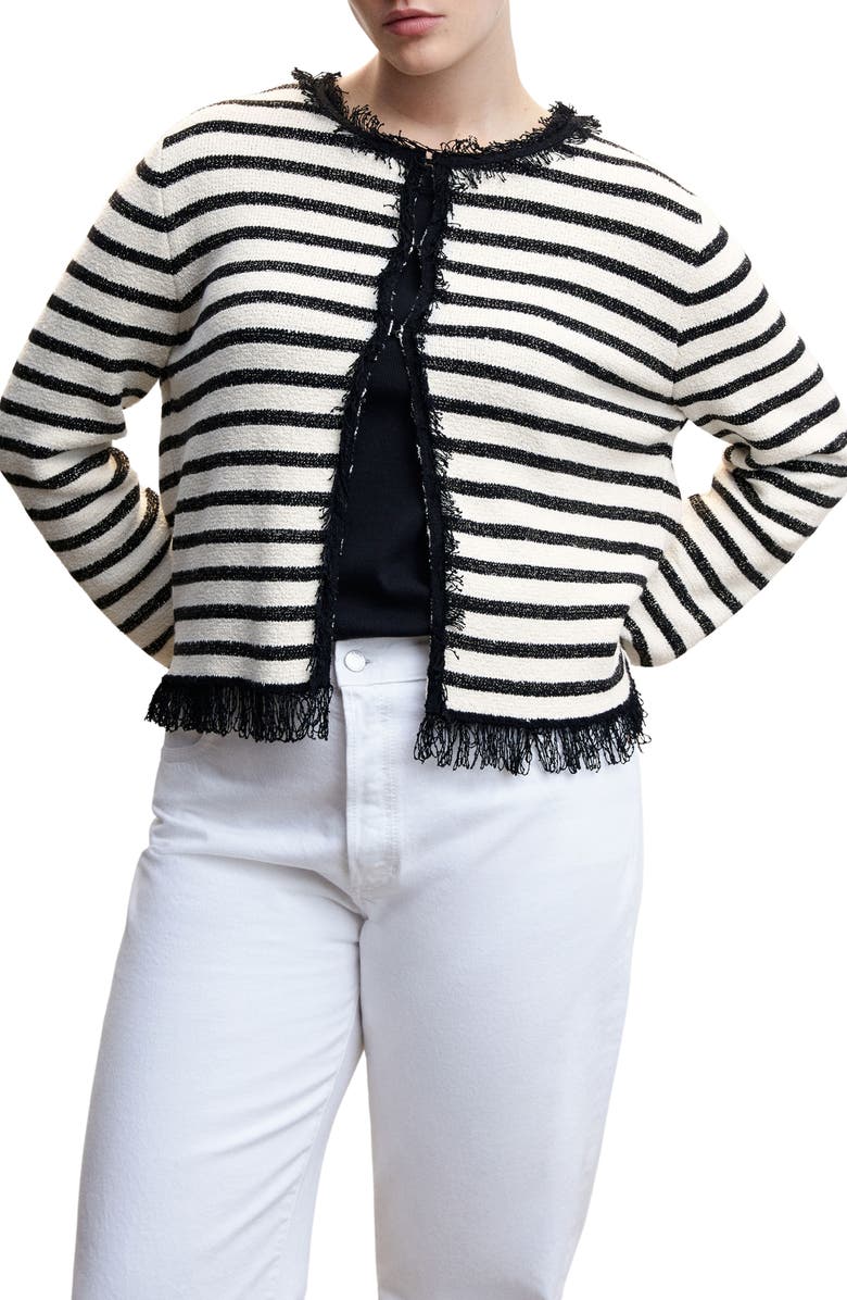 MANGO Metallic Stripe Frayed Hem Cardigan, Alternate, color, 
