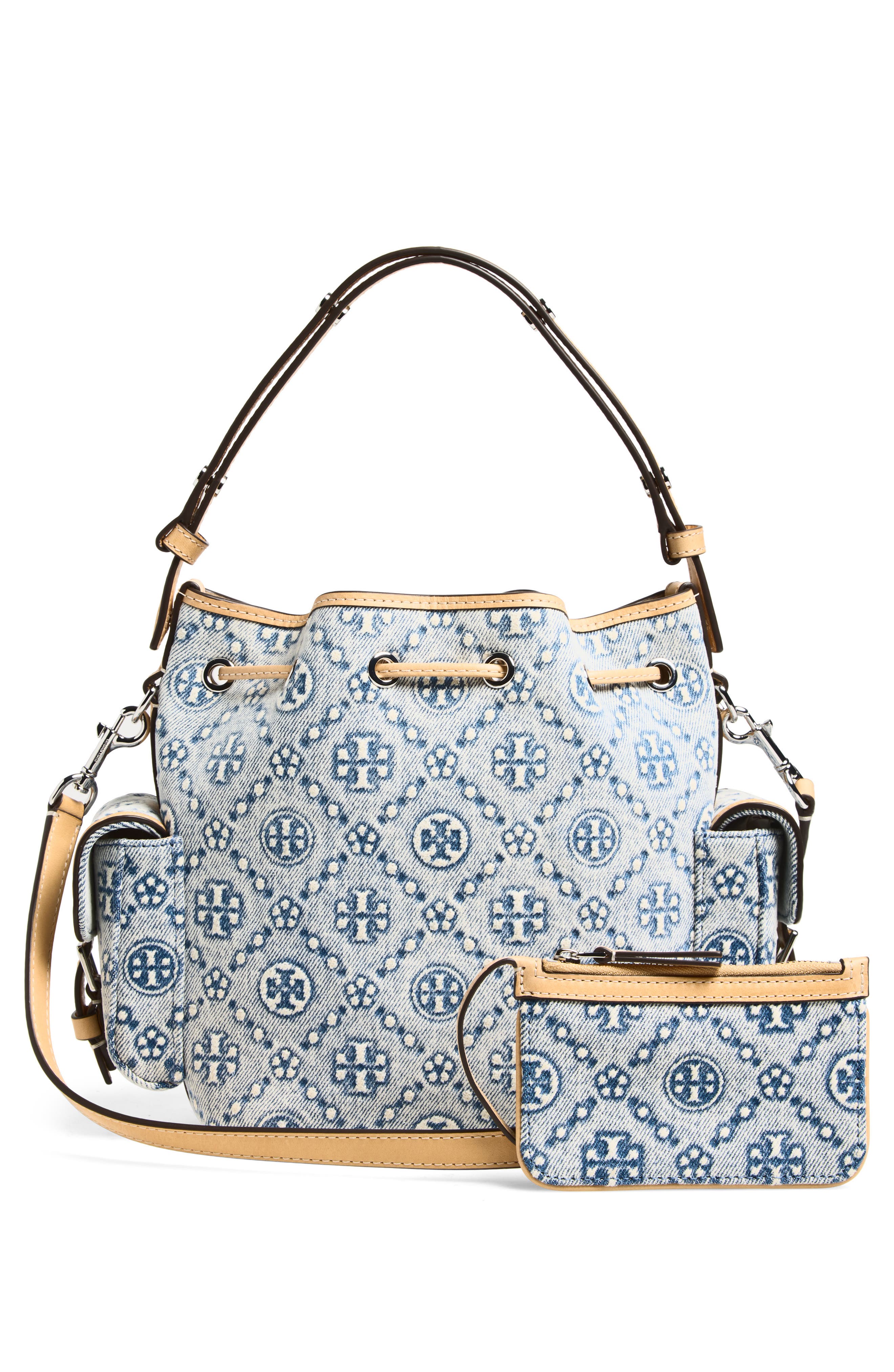 Tory Burch T Monogram Denim Bucket Bag, Alternate, color, Powder Blue