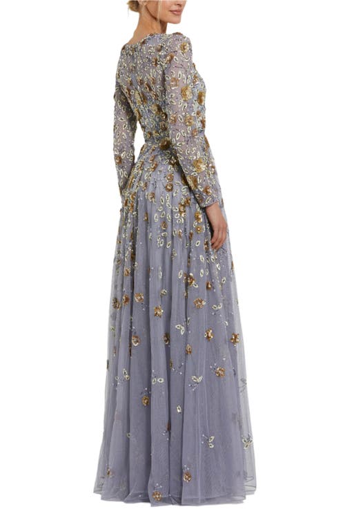 Shop Mac Duggal Floral Appliqué Long Sleeve Illusion Gown In Platinum Gold