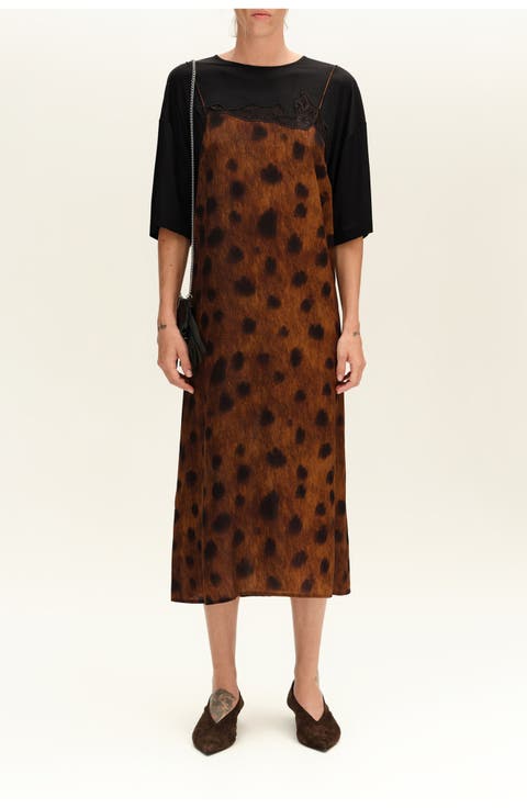 Layered Mixed-material A-line Midi Dress