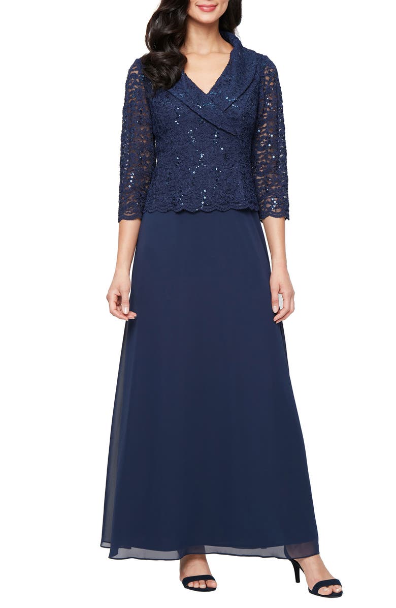 Alex Evenings Sequin Lace & Chiffon Cocktail Dress, Main, color, Navy
