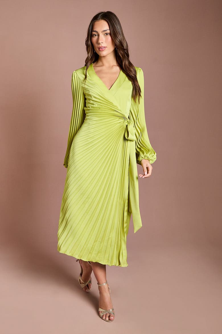 Satin Long Sleeve V-Neck Wrap Dress, Alternate, color, Lime