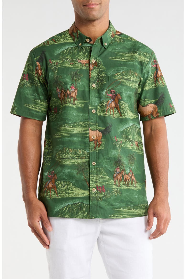 Paniolo Country Print Cotton Short Sleeve Button-Down Shirt, Main, color, MEADOW