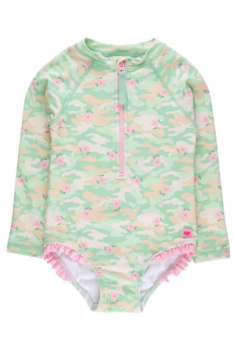 Girls UPF50+ Sun Protection Long Sleeve Rash Guard One Piece, Alternate, color, Sage Blossom Camo