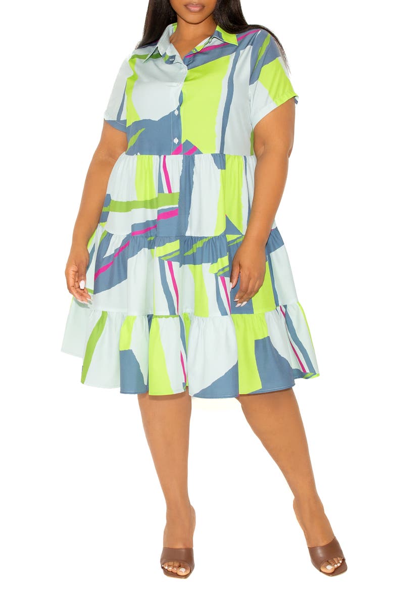 Print Tiered Shirtdress, Main, color, GREY MULTI