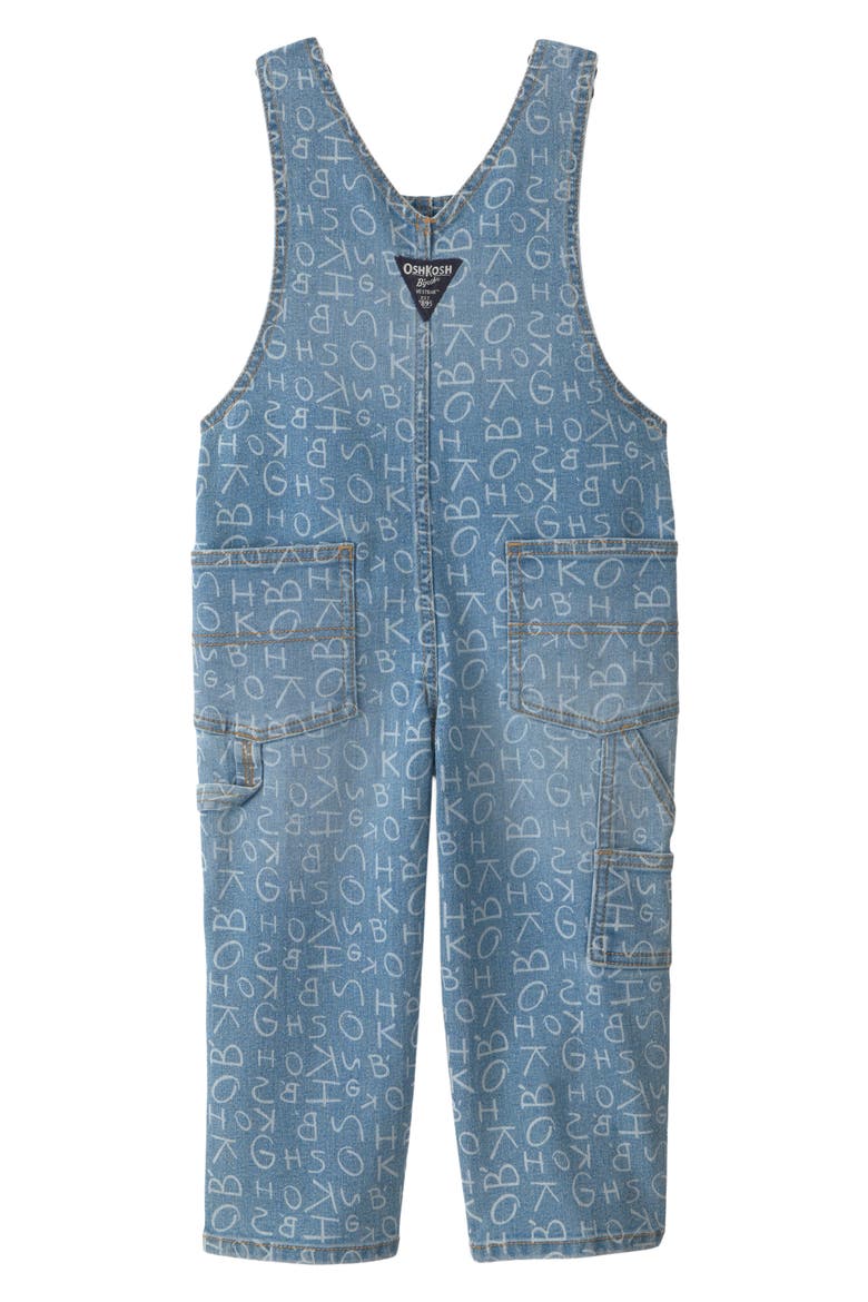 Kids' Alphabet Print Peached Twill Overalls, Alternate, color, DENIM ALPHABET OVERALL