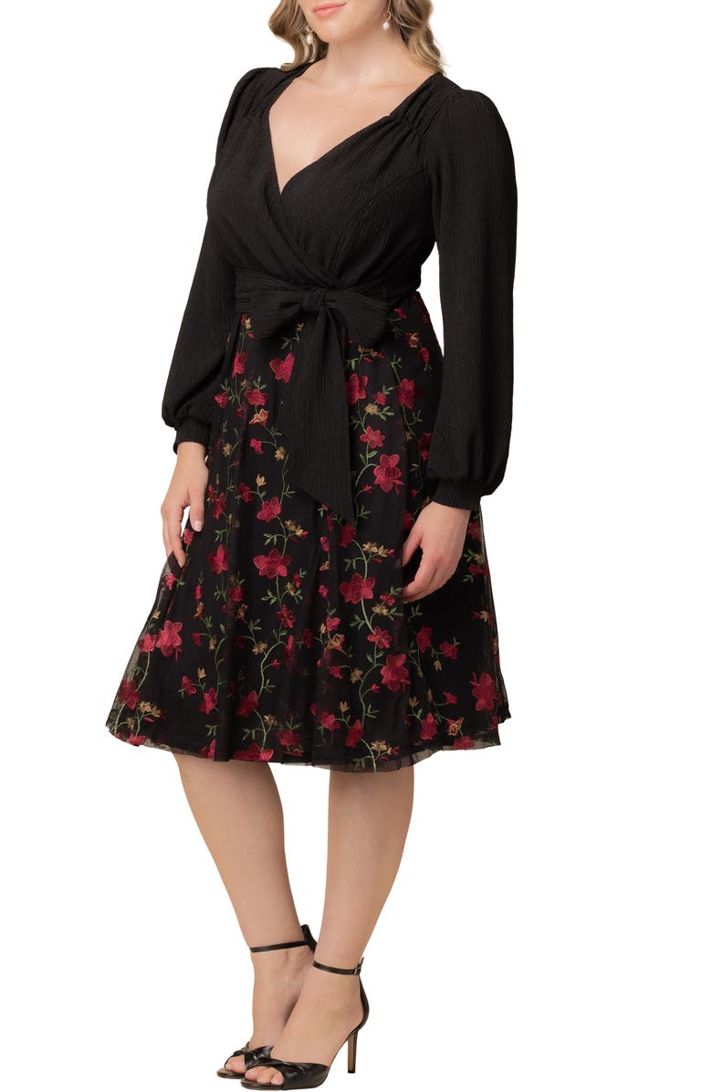 Kiyonna Chelsea Embroidered Long Sleeve Cocktail Dress, Alternate, color, Floral Flare